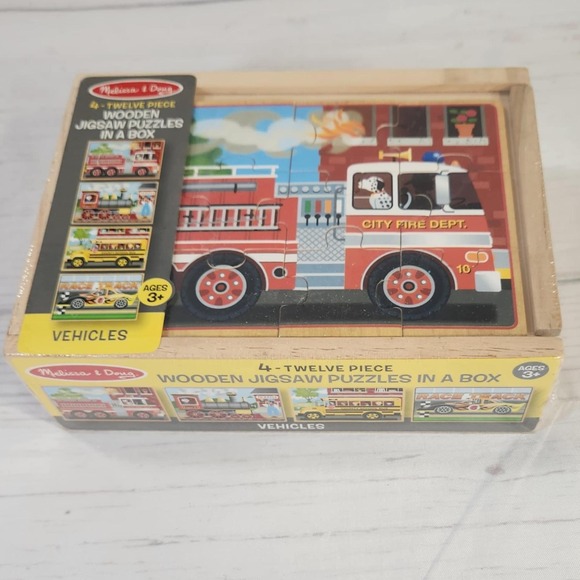 Melissa & Doug 4 in a Box Vehicles Wooden Jigsaw Puzzles 12 Piece Ages 3+ - Picture 1 of 4